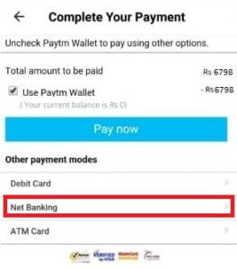 Selecting net bankging as a payment method